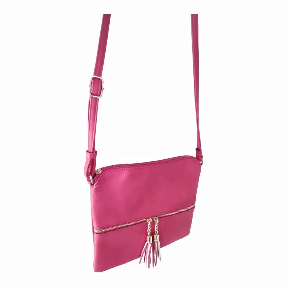 Hot Pink Crossbody Satchel Handbag Faux Vegan Leather Barbie Style Shoulder Bag